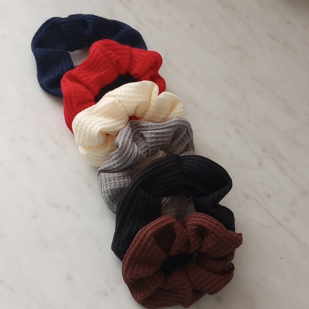 Set of 6 Textured Fabric Scrunchies - Red, Navy, Gray, Black, Cream, Brown